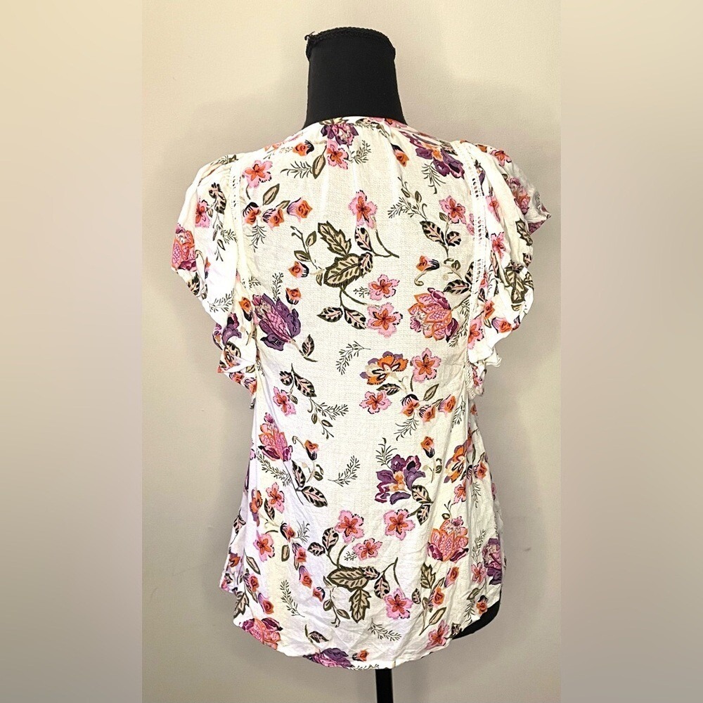Lucky Brand Womens Floral Flutter Sleeve Lace Trim Split Neck Tie Blouse White S - Picture 4 of 6